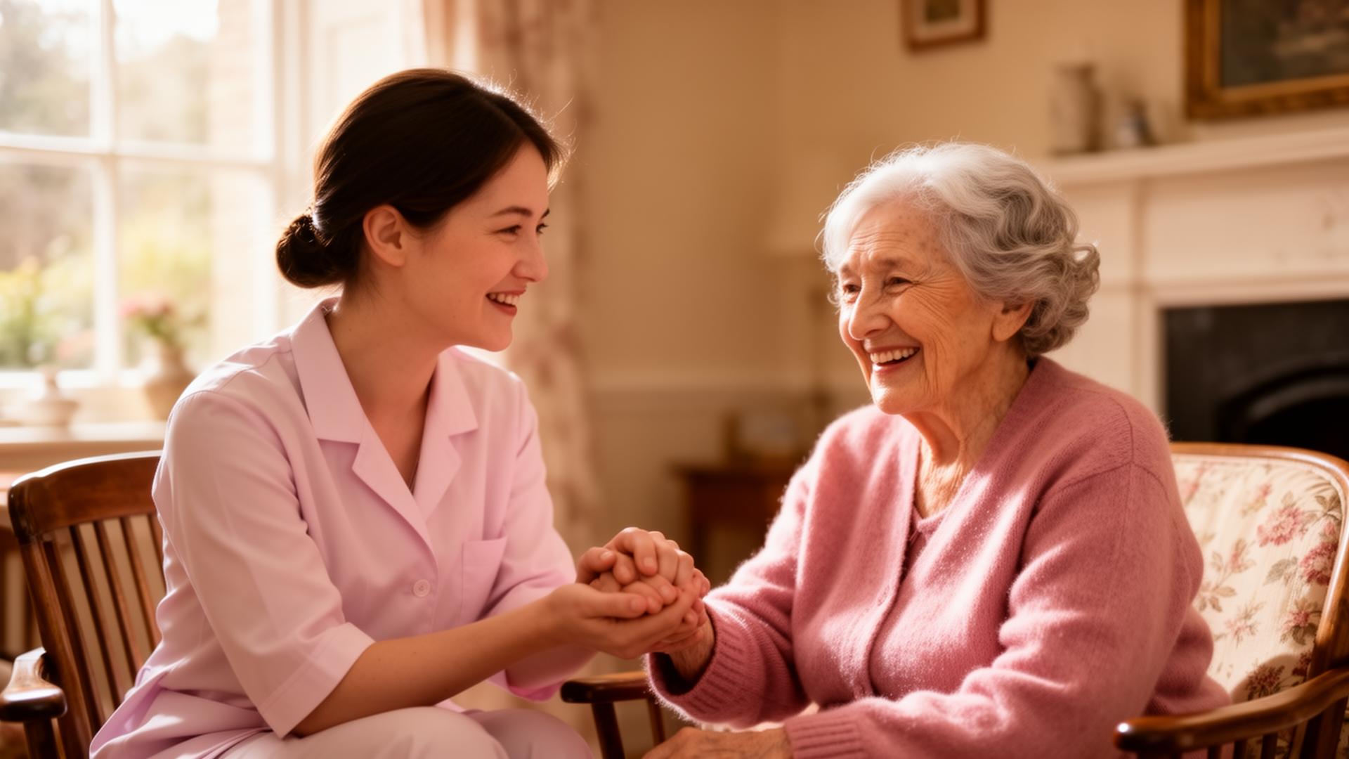 Roses Healthcare carer with a smiling elderly client
